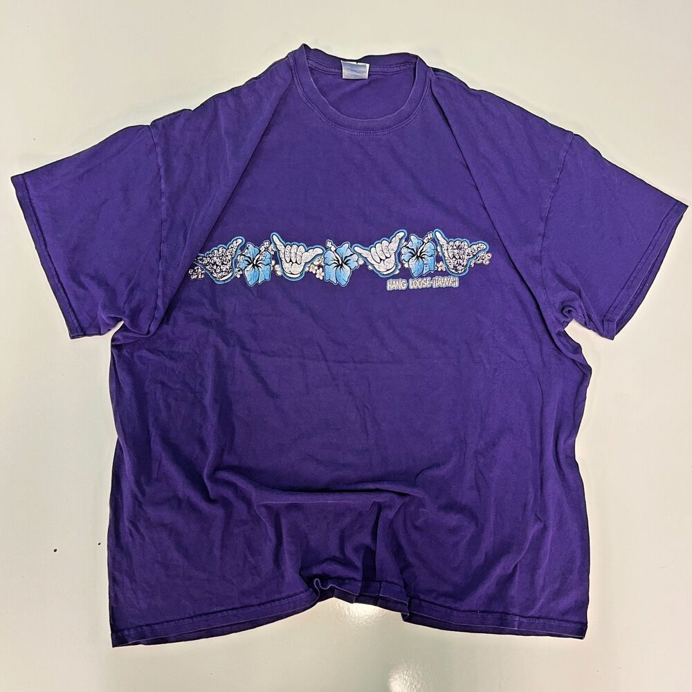 Hang Loose Hawaii T-Shirt Mens 2XL Purple Shaka Hibiscus Surf Graphic Tee Cotton